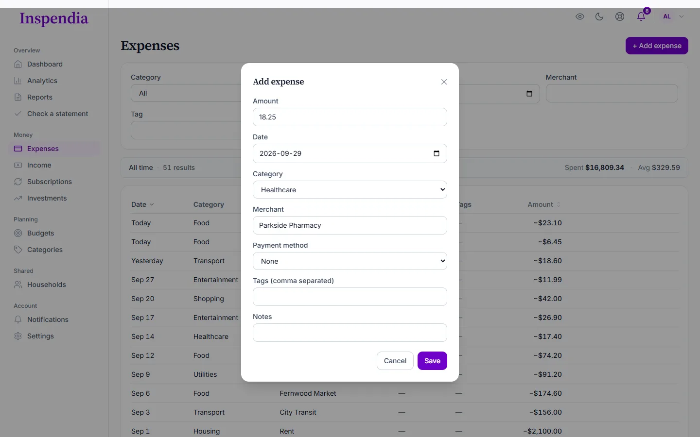 The add expense form on a desktop, with an amount and a merchant filled in.