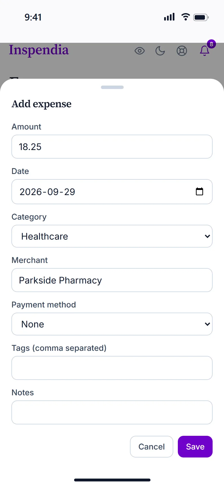 The add expense sheet on a phone, with an amount and a merchant filled in.