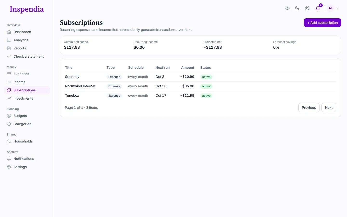 Subscriptions on a desktop: recurring bills with their amounts and next dates.