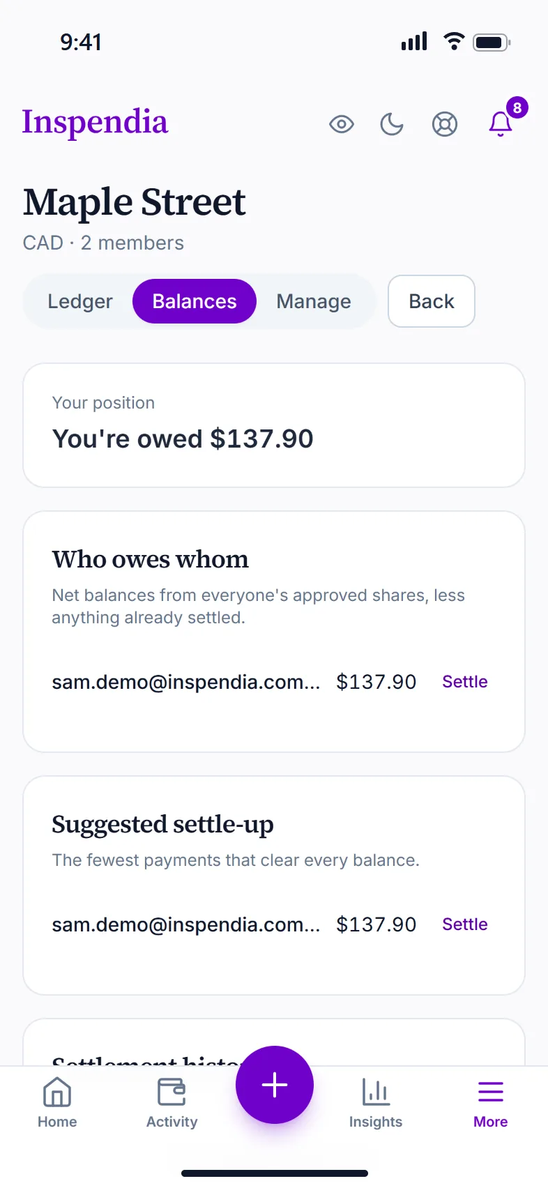 A shared household on a phone, showing who owes whom.