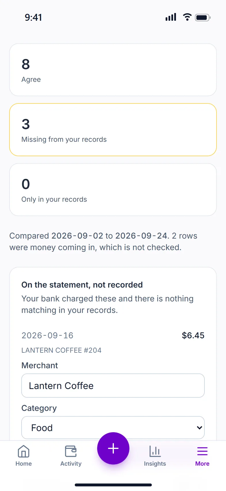 Check a statement on a phone: how many charges agree and how many look missing, above the first charge that is missing from your records.